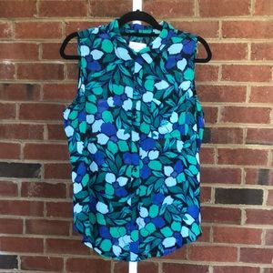 Liz Claiborne Sleeveless 100% Polyester blouse. Floral: Blue/Green/Black/Gray